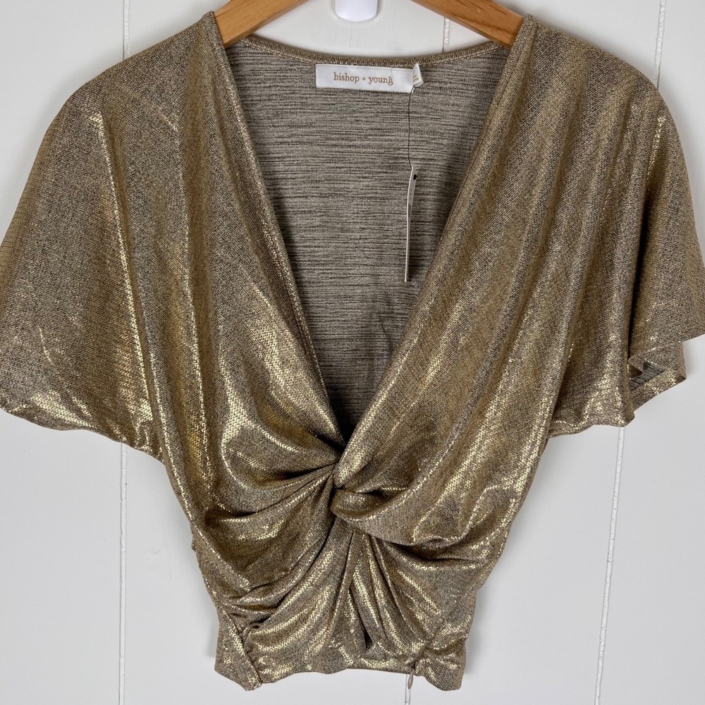 NWT Bishop + Young Anthropologie Twist-Front Metallic Shimmer Top‎ XS Gold Disco